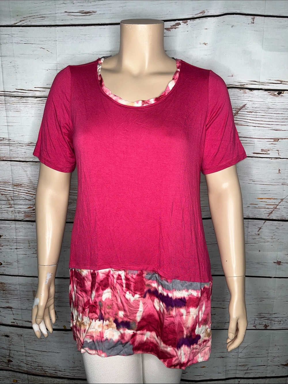 LOGO Lori Goldstein Size 1X Pink - Tie Dye Trim High Low Hem Tunic Knit Top